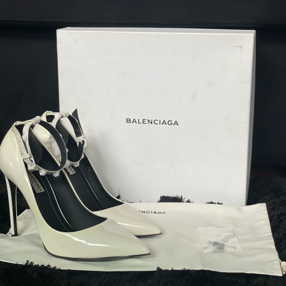 Balenciaga White Studded Patent Leather Ankle Strap Shoes/Heels Size 38